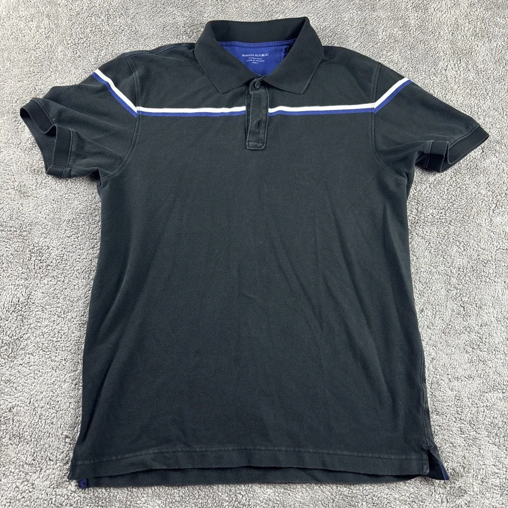 Banana Republic Short Sleeve Collar Polo Mens‎ Large Black Blue/White Stripe